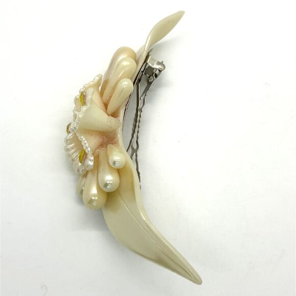 Vtg Ivory Bride Head Piece Acrylic Floral Faux Pearl Wedding Hairclip Barrette - Picture 9 of 12